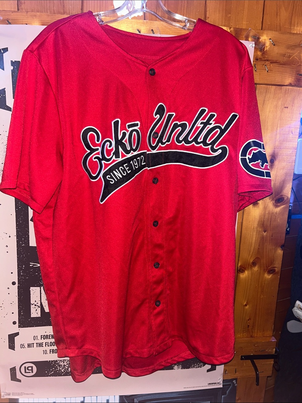 Ecko Unlimited Red Button-Up Baseball Jersey with Script Logo